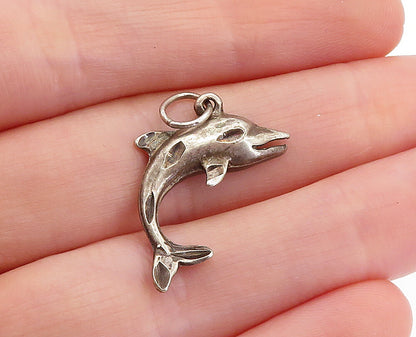 925 Sterling Silver  Vintage Dark Tone Leaping Dolphin Motif Pendant  PT3765