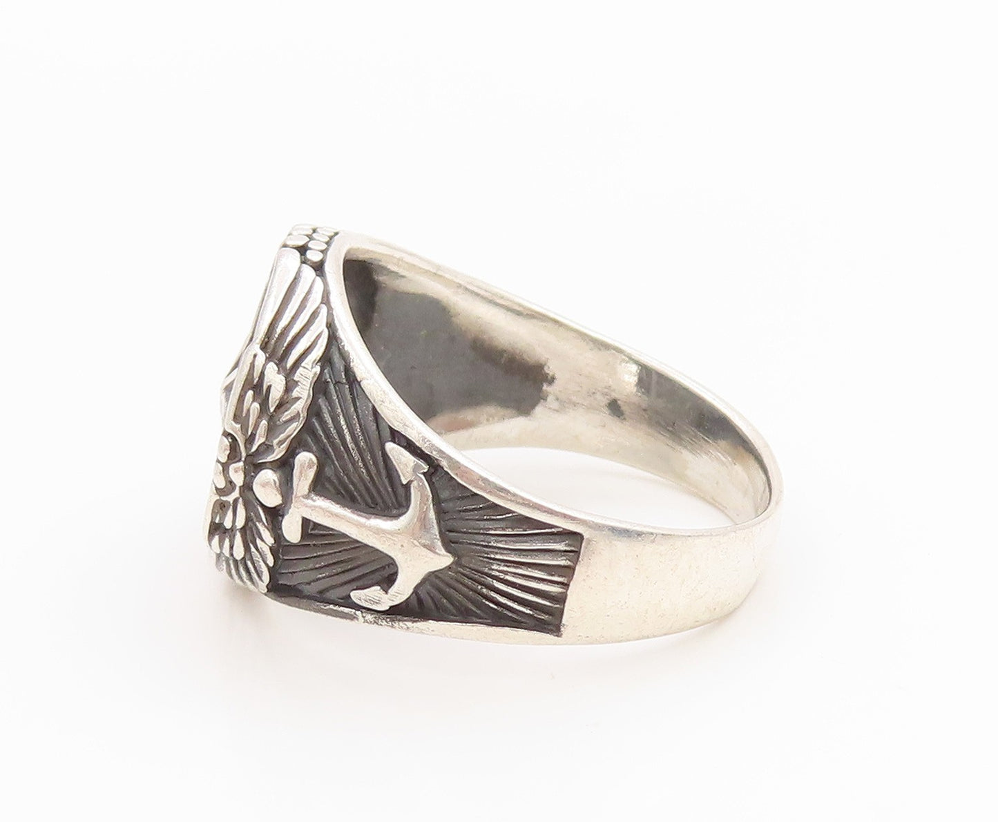 925 Sterling Silver Vintage Ring Nautical Compass & Anchor Band  Sz 13  RG36026