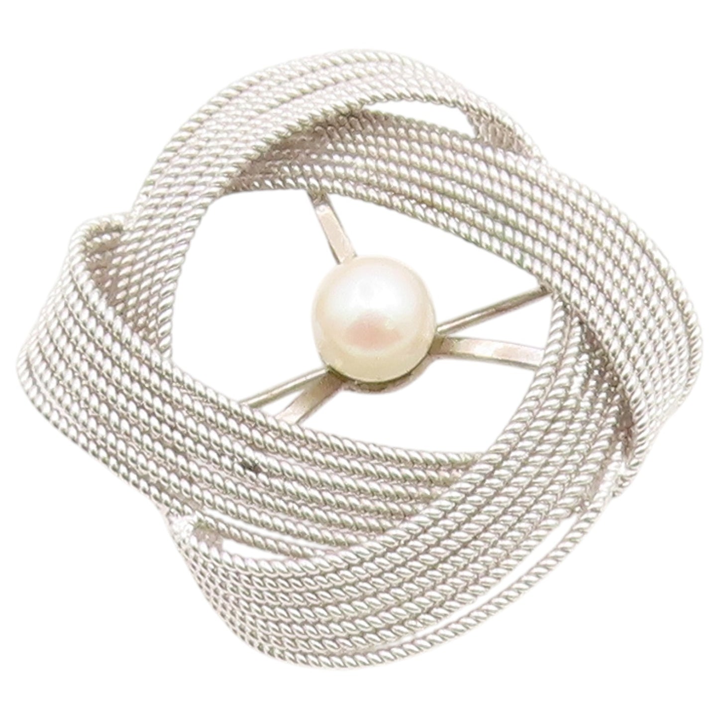 925 Sterling Silver Vintage Brooch Pin Pearl Textured Mesh Wire Swirl  BP12648