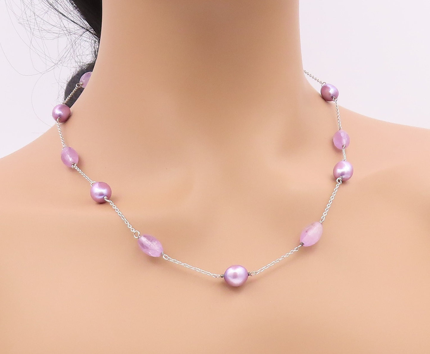 925 Sterling Silver  Vintage Purple Quartz & Bead Ball Pattern Necklace NE3999