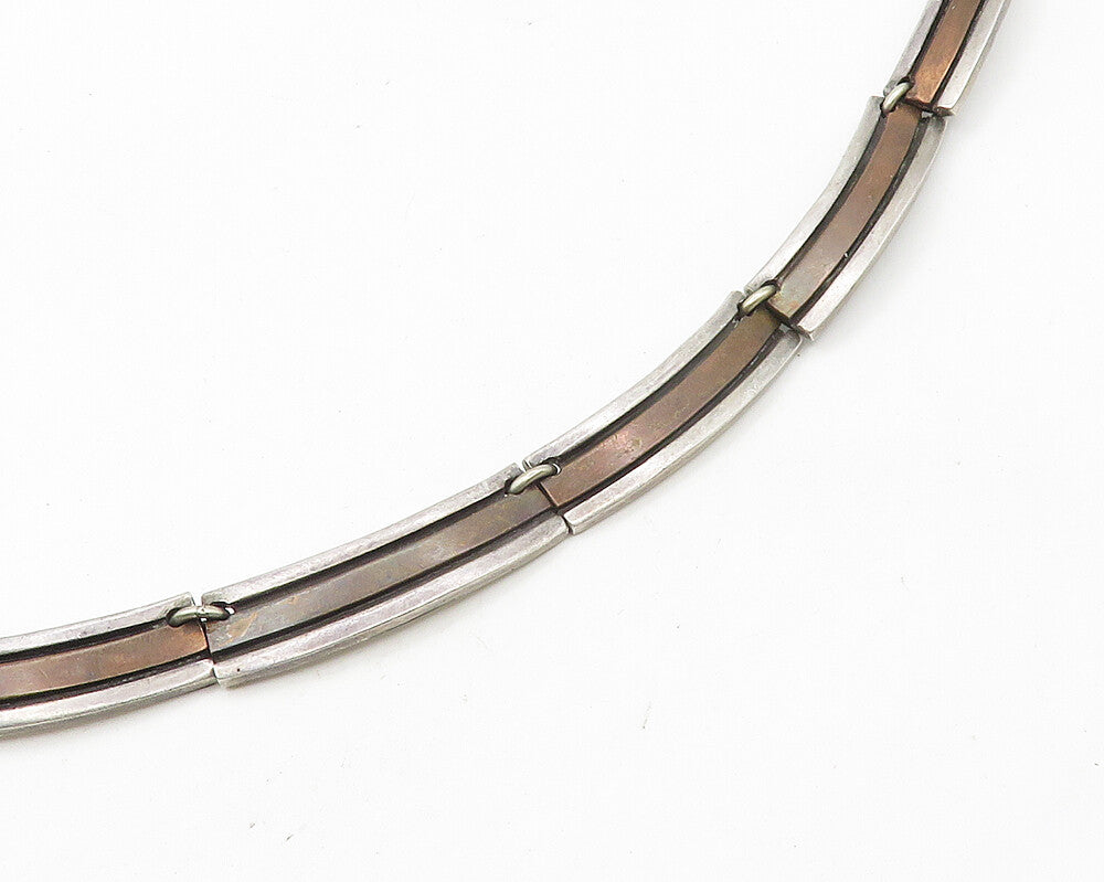 MEXICO 925 Silver  Vintage Two Tone Curved Bar Link Collar Necklace  NE2946