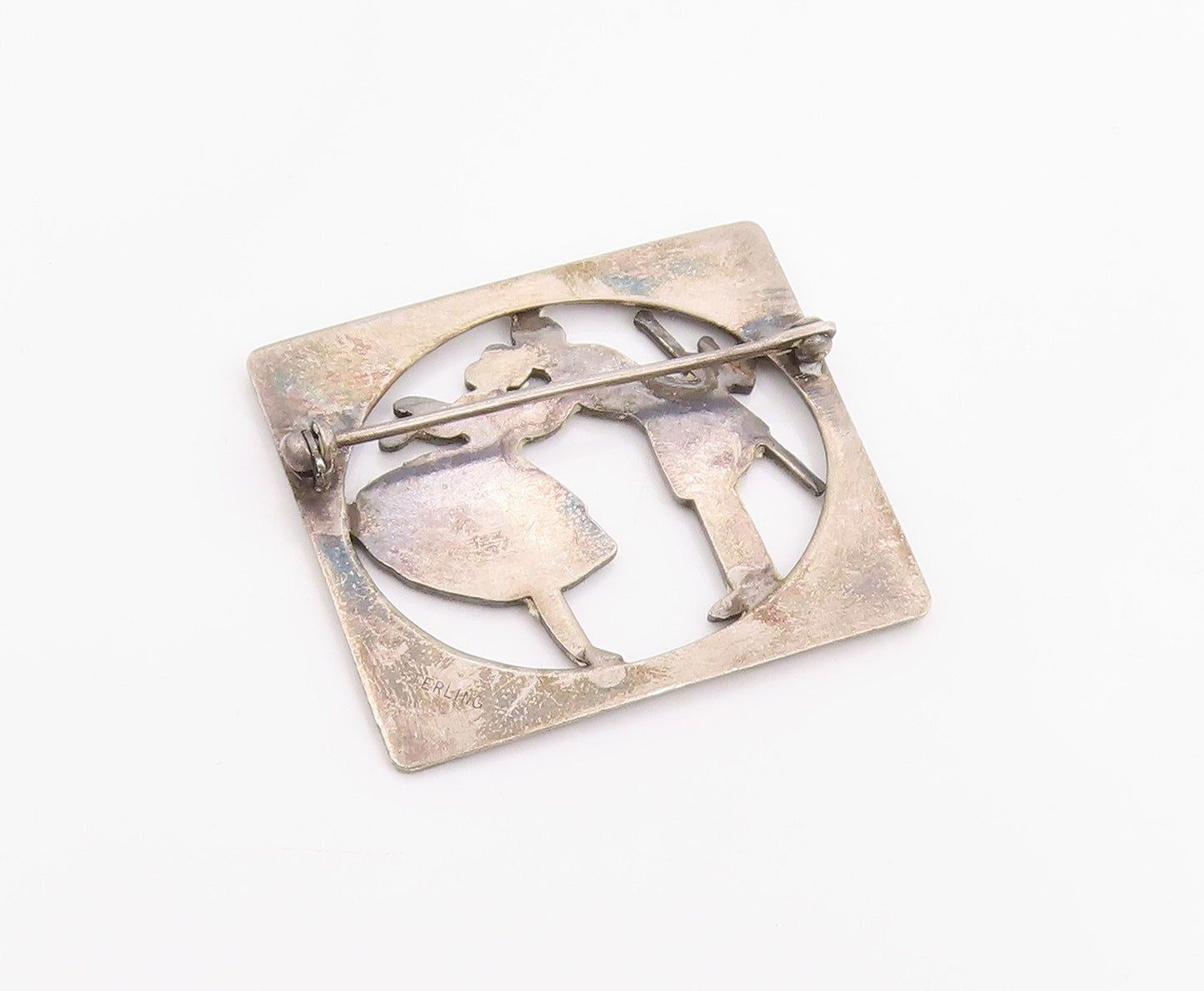 925 Sterling Silver Vintage Brooch Pin Floral Framed Kissing Couple  BP12458