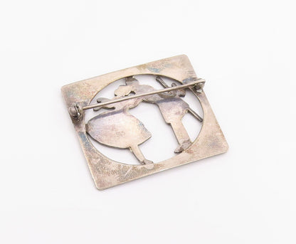 925 Sterling Silver Vintage Brooch Pin Floral Framed Kissing Couple  BP12458
