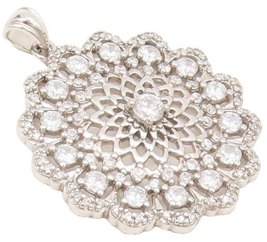 925 Sterling Silver Vintage Pendant CZ Round Sunflower Shape Carved  PT22511
