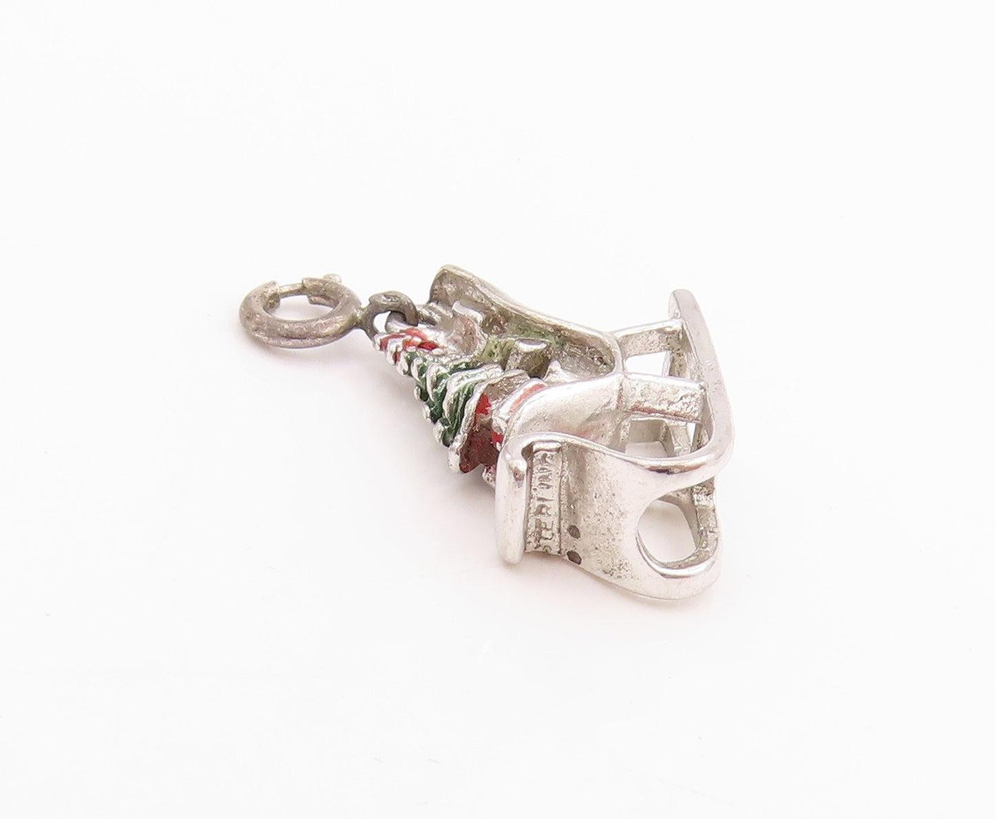 925 Sterling Silver Vintage Pendant Enameled Christmas Tree & Sled Charm PT24688