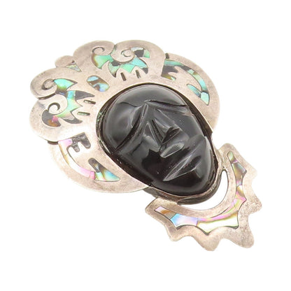 925 Sterling Silver Vintage Brooch Pin TAXCO Onyx Face Abalone Crown  BP11459