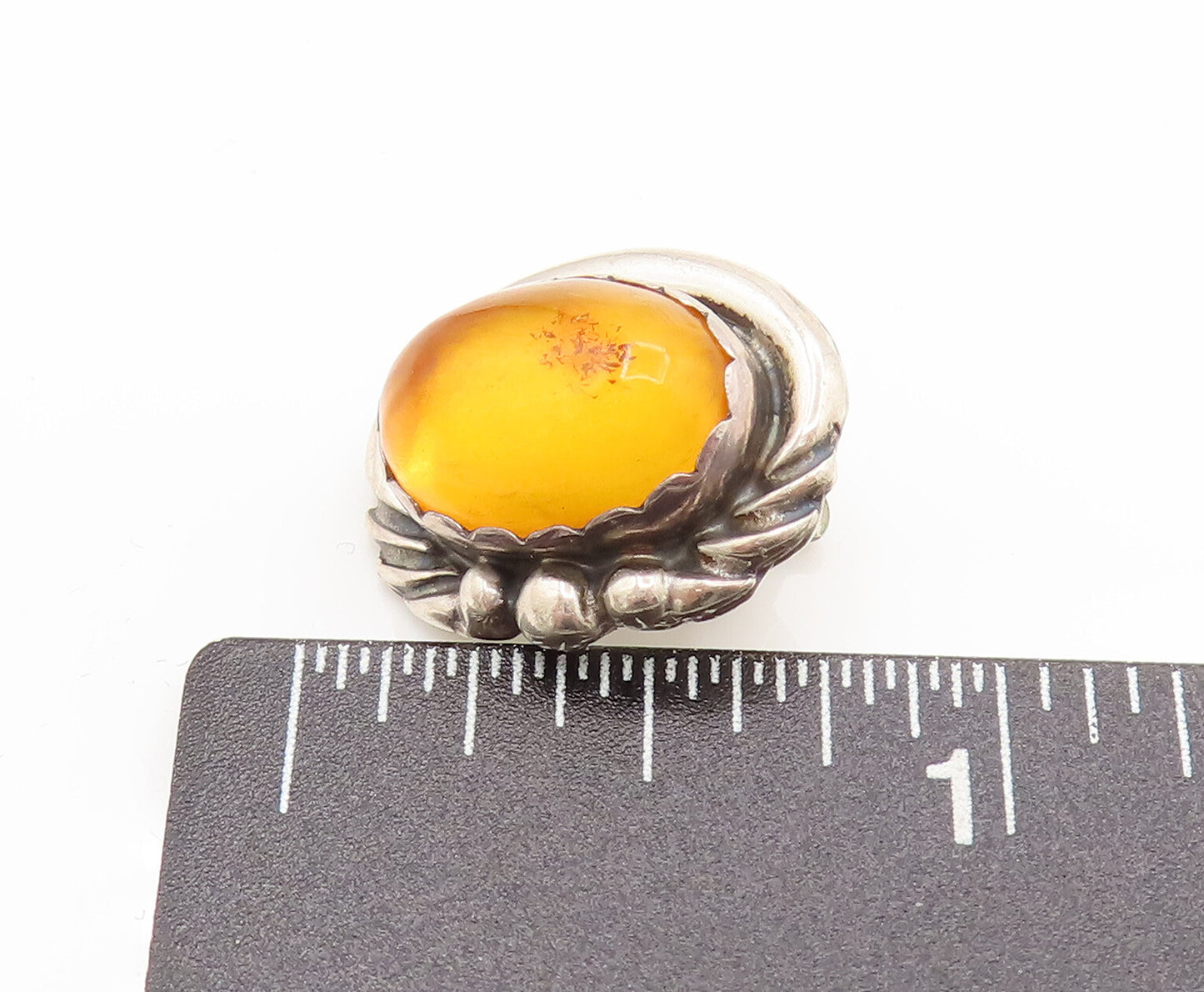 925 Silver  Vintage Beaded & Ribbed Edge Amber Clip Back Earrings  EG12370