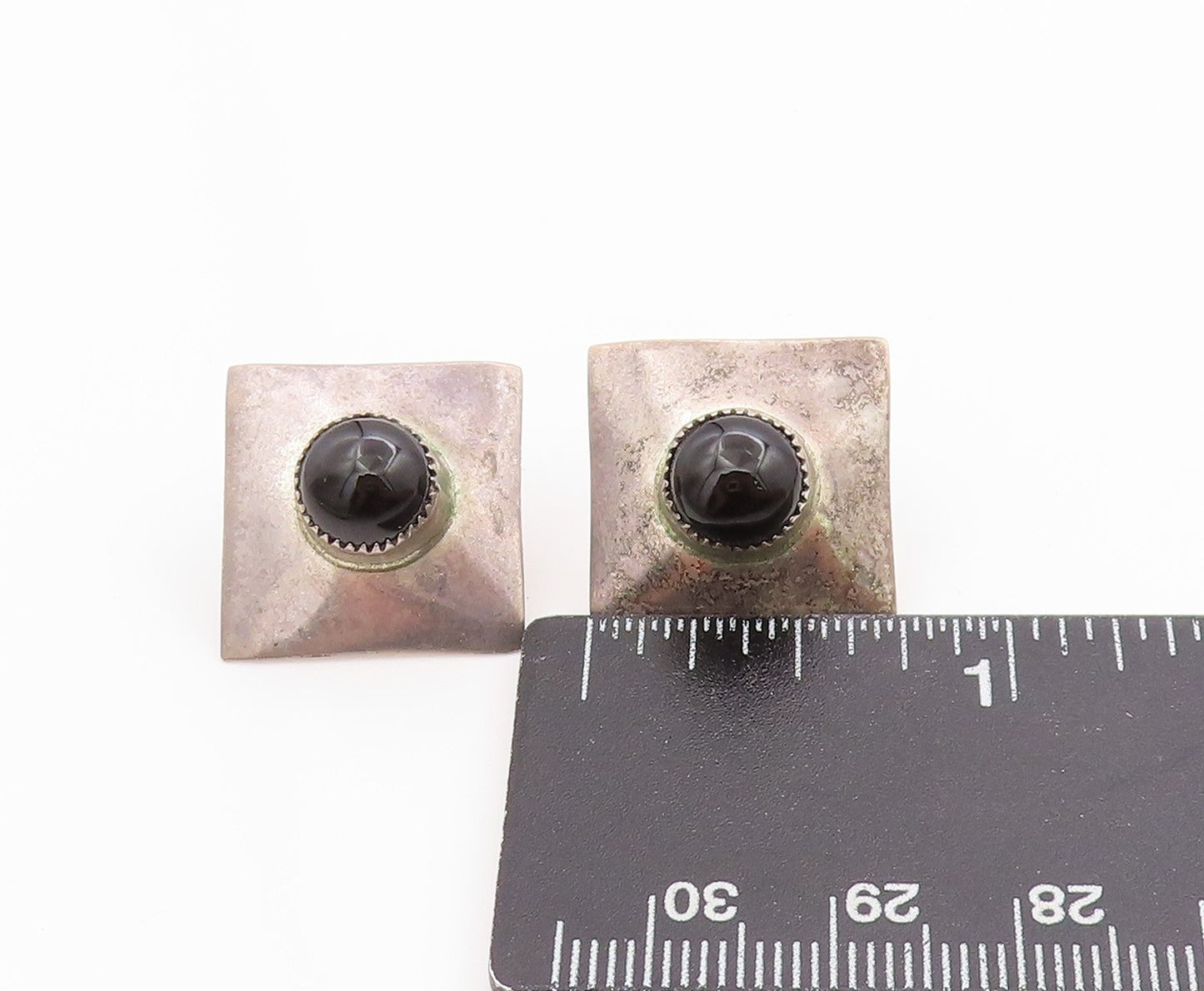 925 Sterling Silver Vintage Earrings Round Onyx Geometric Design Studs  EG13706