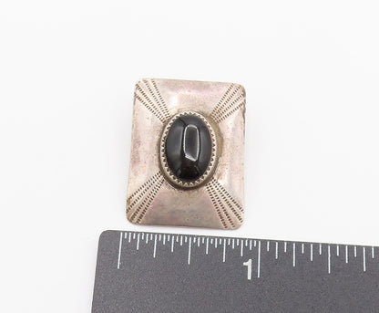 BB NAVAJO 925 Silver  Vintage Etched Lines Onyx Clip Back Earrings  EG12347