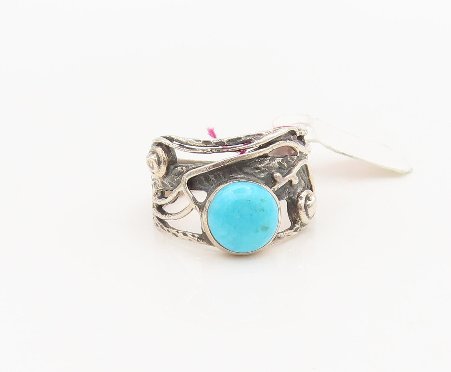 925 Sterling Silver  Vintage Designer Carved Turquoise Ring Sz 6.75  RG26933