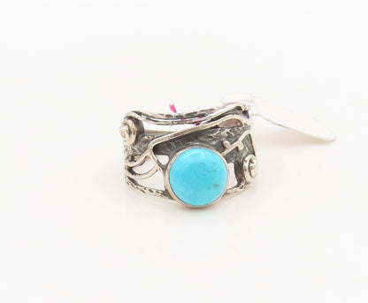 925 Sterling Silver  Vintage Designer Carved Turquoise Ring Sz 6.75  RG26933