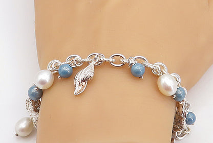 925 Sterling Silver  Pearl Beads Sea Charmed Twist Link Chain Bracelet  BT1725