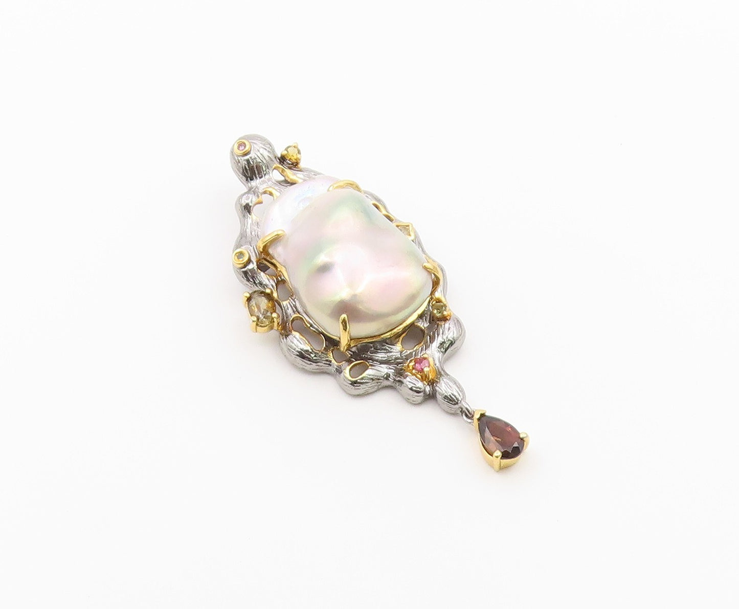 925 Sterling Silver Vintage Brooch Pin Two Tone Pearl & Gemstone Design  BP12642
