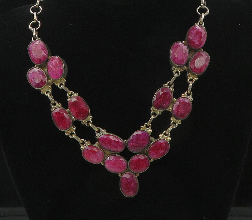 925 Sterling Silver  Vintage Faceted Ruby Shiny Cable Chain Necklace  NE2967