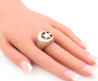 925 Sterling Silver Vintage Ring Solid Cutout Half Moon & Star  Sz 10  RG29006