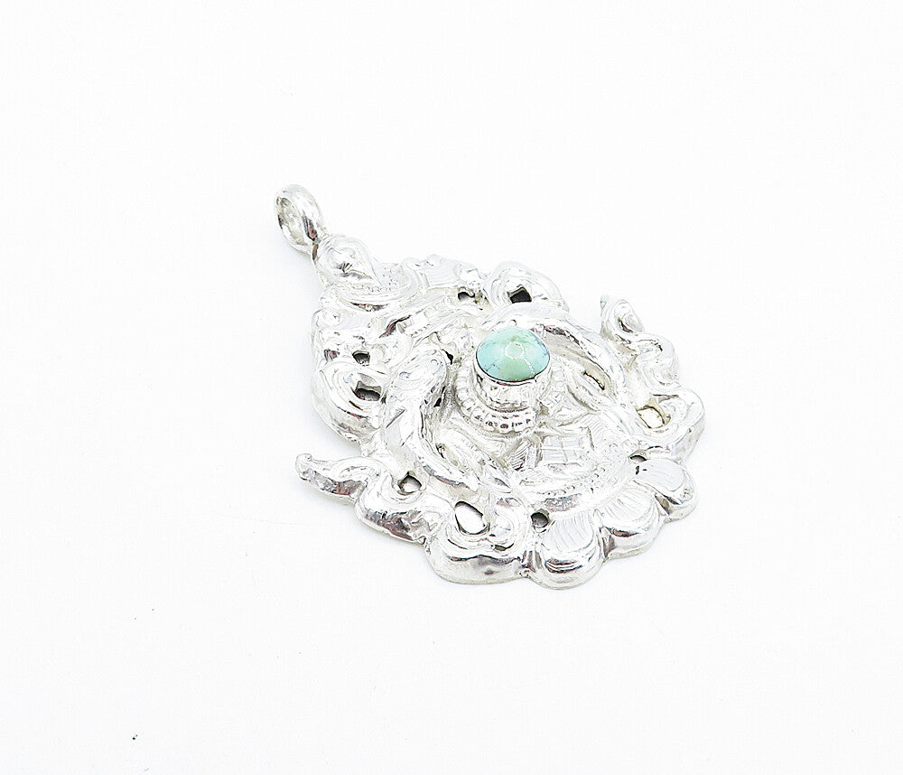 925 Sterling Silver  Turquoise Double Fish Shiny Ornate Design Pendant  PT5919