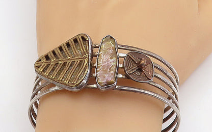 MEXICO 925 Silver  Vintage Abalone Shell Split Shank Cuff Bracelet  BT2893