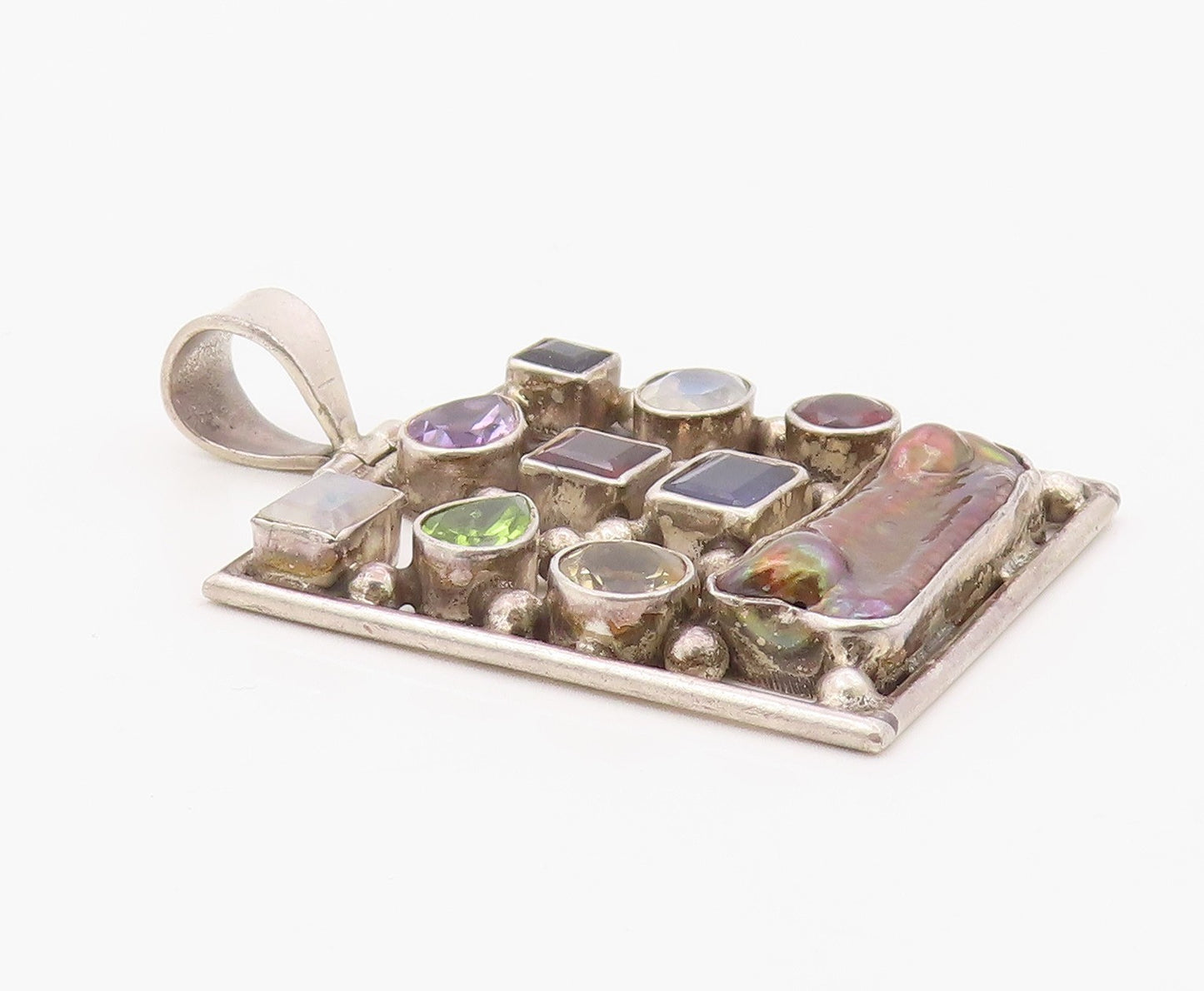 925 Sterling Silver Vintage Pendant Modernist Multi Gemstone Square  PT26358