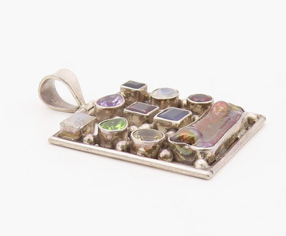 925 Sterling Silver Vintage Pendant Modernist Multi Gemstone Square  PT26358