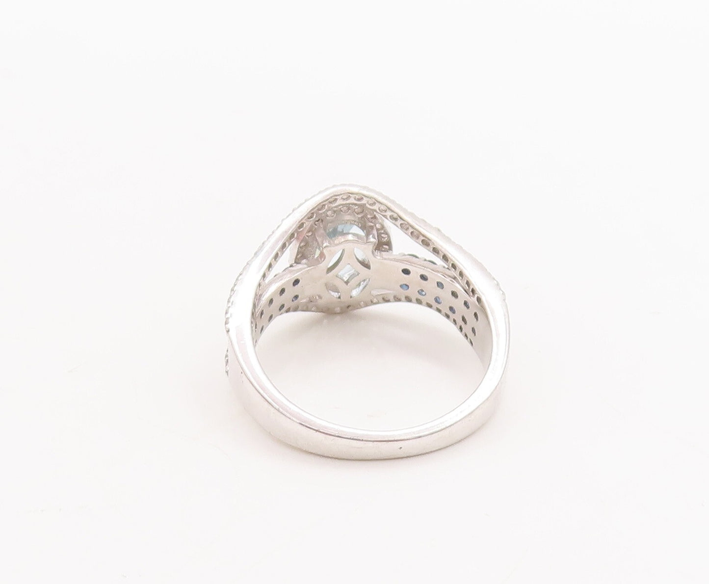 925 Sterling Silver Vintage Ring Cutout Blue White Topaz Sapphire Sz 7.5 RG29666