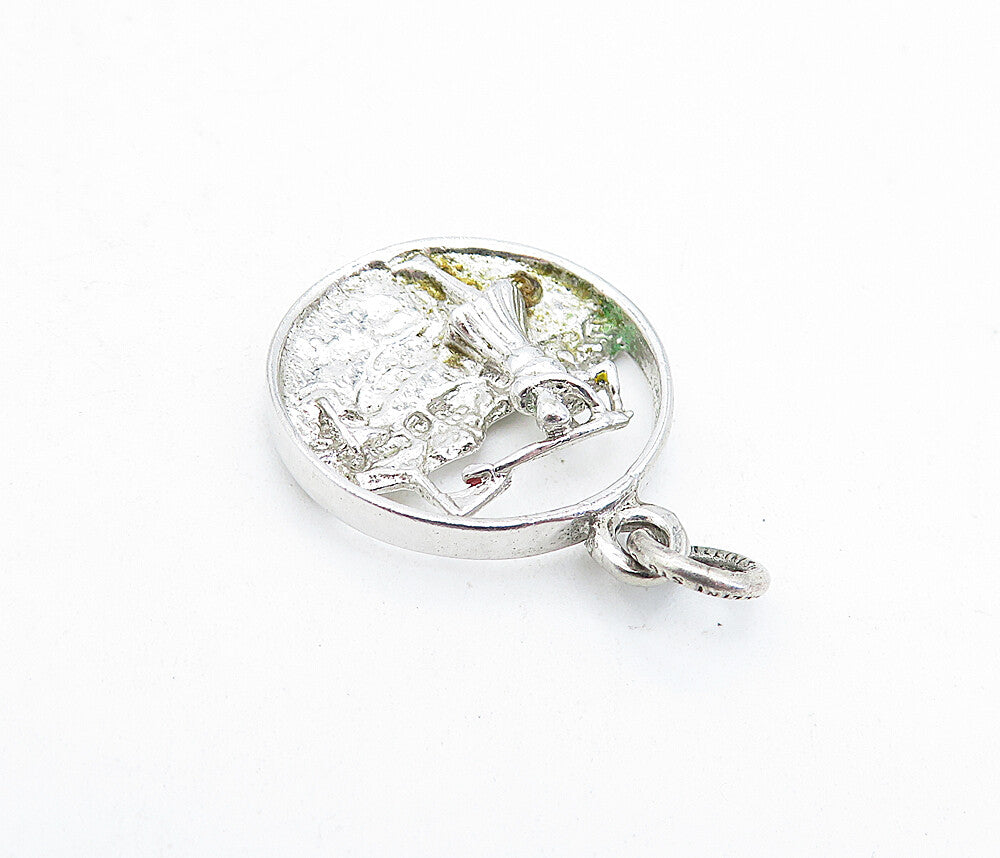 925 Sterling Silver  Vintage Petite Shiny Golfing Woman Round Pendant  PT2862