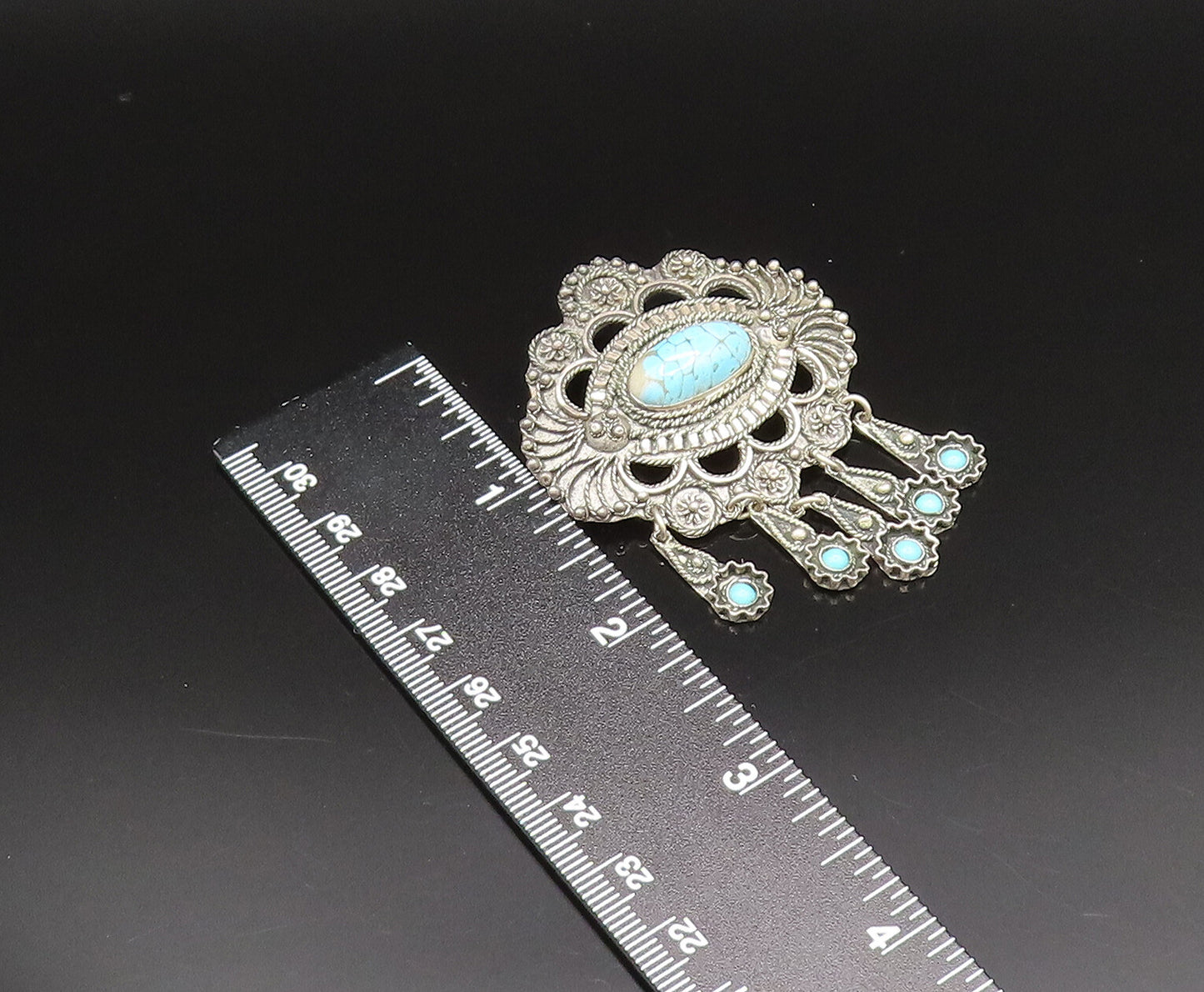 MIDDLE EAST 925 Silver  Vintage Beads & Rope Turquoise Brooch Pin  BP9609