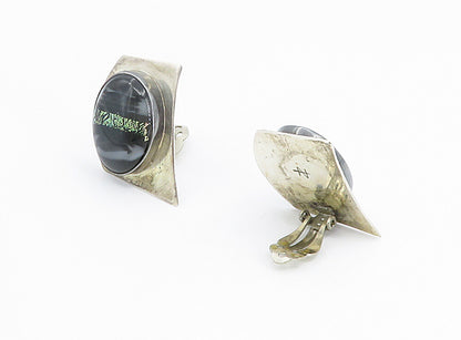 NAVAJO 925 Sterling Silver  Vintage Black Agate Non Pierce Earrings  EG2934