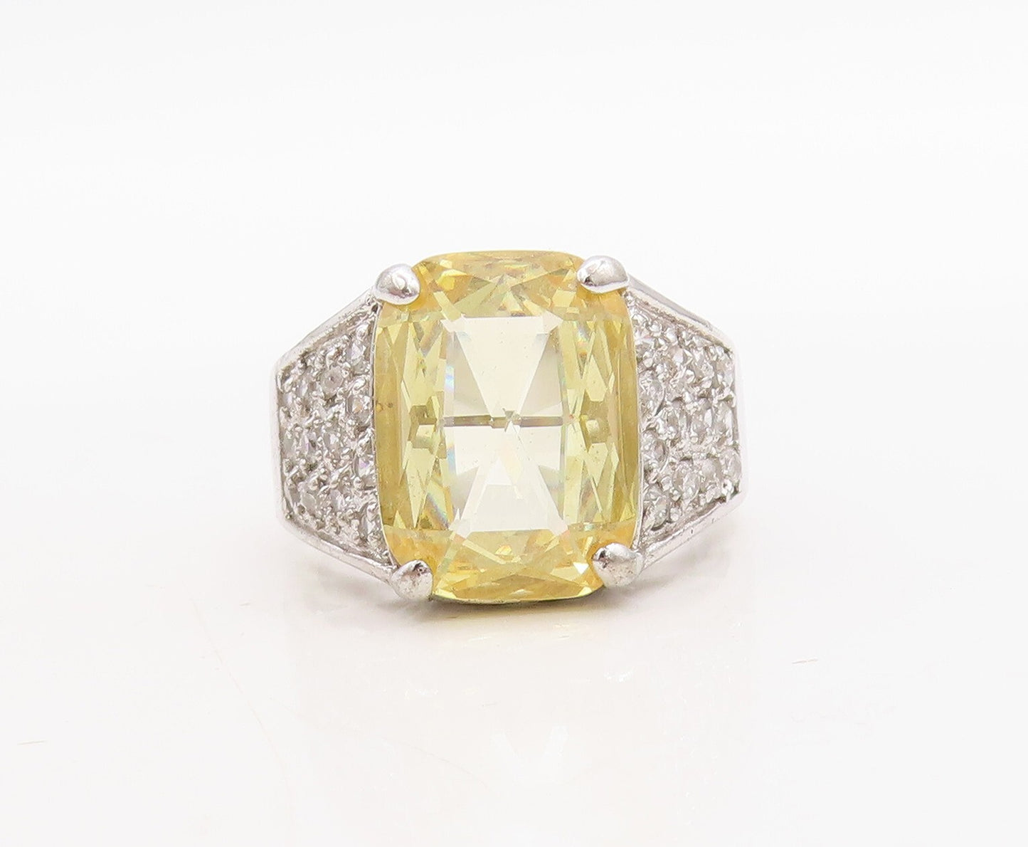 925 Sterling Silver Vintage Ring Rectangle Citrine & CZ Band  Sz 10  RG31678