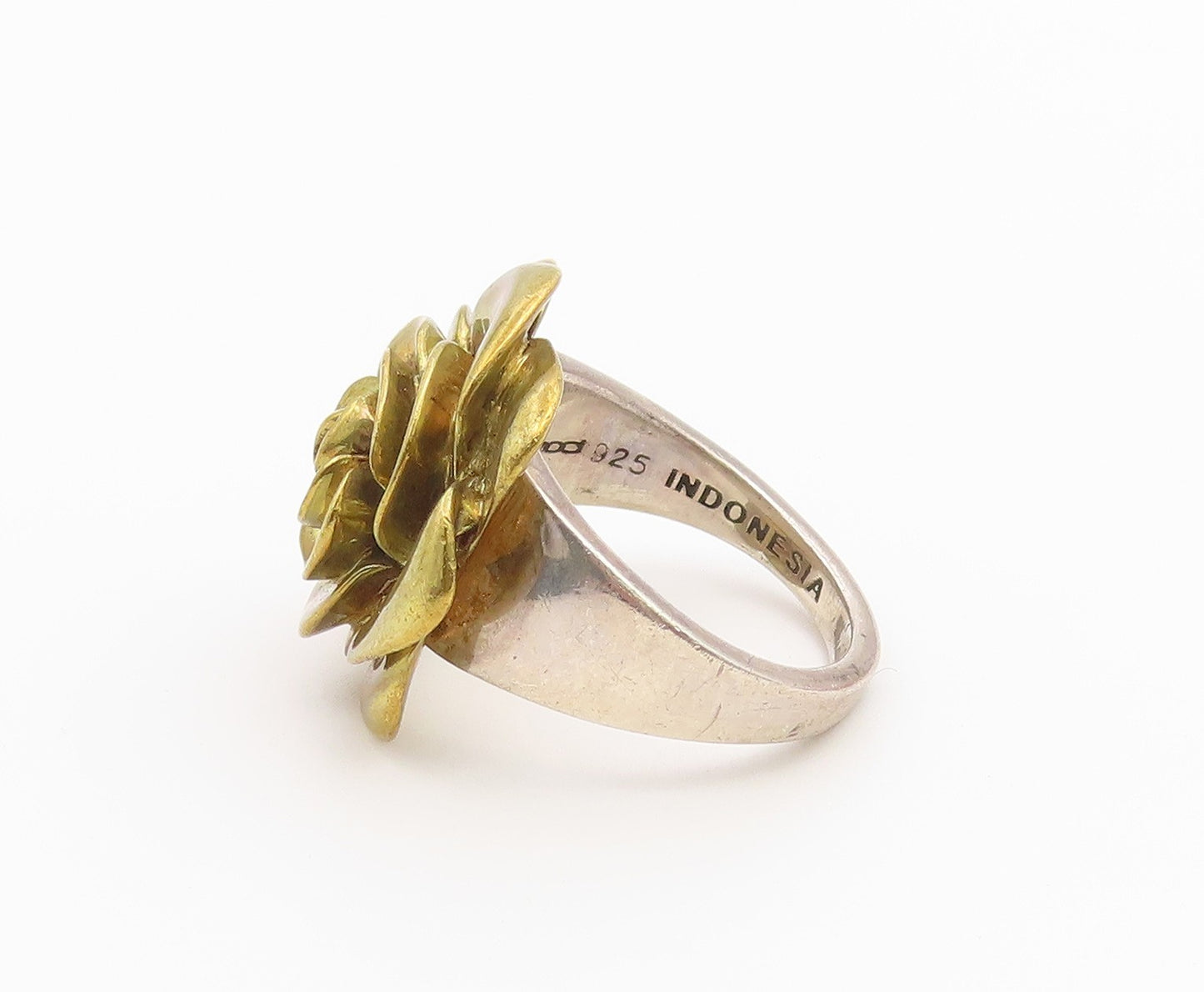 925 Sterling Silver Vintage Ring Two Tone Carved Floral Rose Band  Sz 7  RG36713