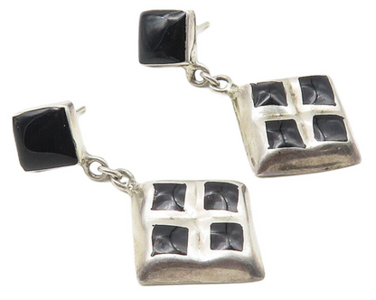 MEXICO 925 Sterling Silver  Vintage Black Onyx Square Dangle Earrings  EG5635