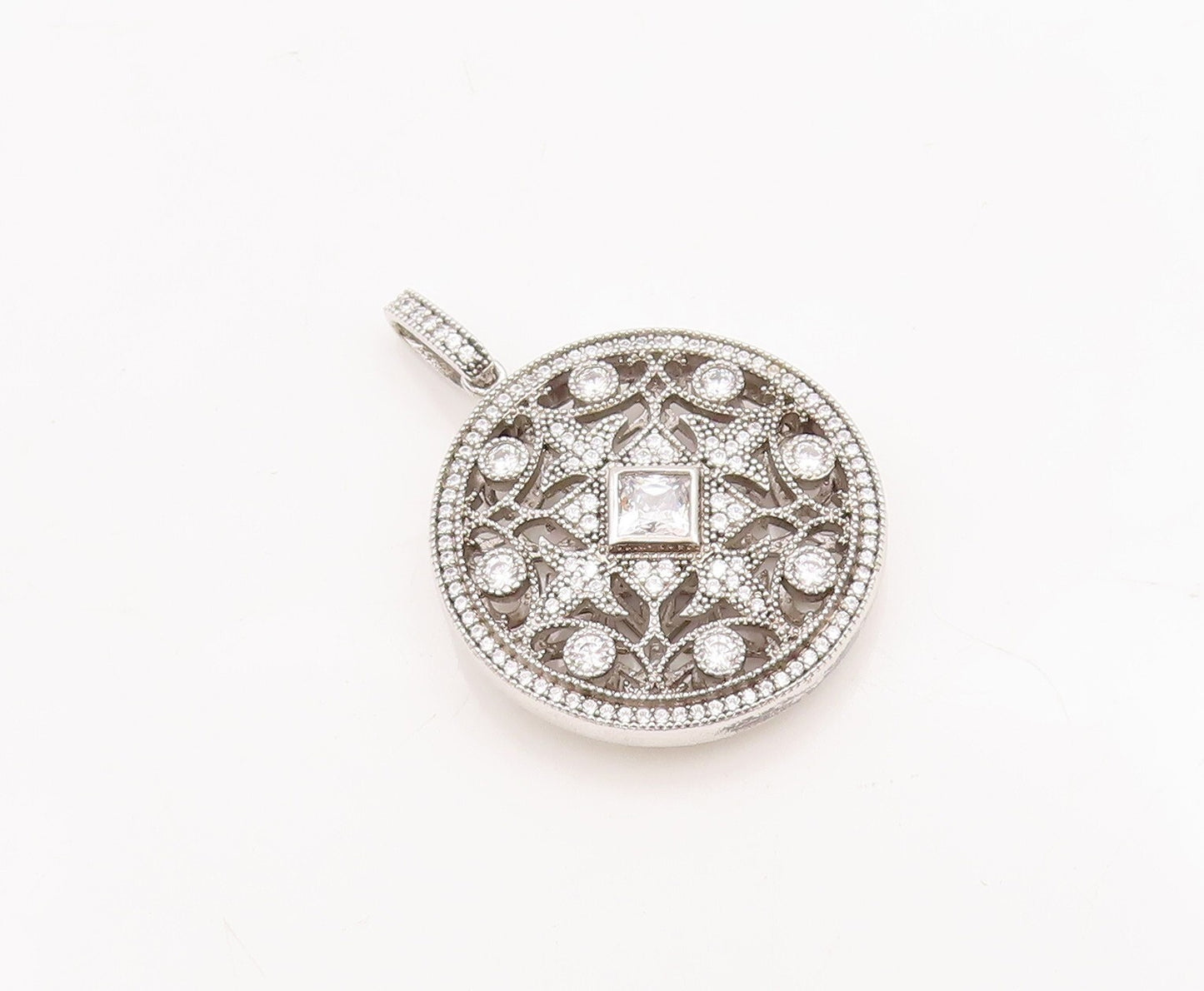 925 Sterling Silver Vintage Pendant Cutout Floral Design CZ Inlay  PT23300