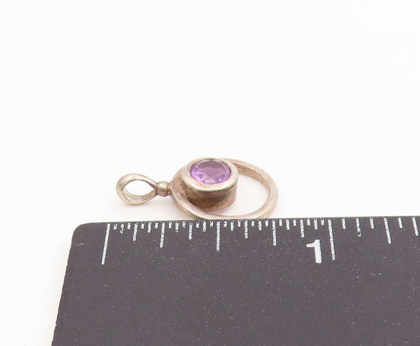 925 Sterling Silver Vintage Pendant Bezel Set Amethyst Circular Charm  PT25497