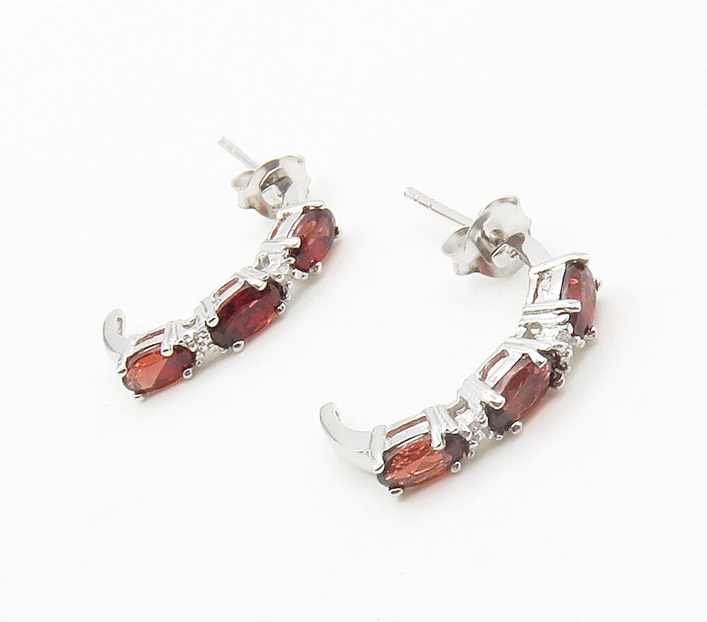 925 Sterling Silver  Red & White Topaz Shiny Curved Drop Earrings  EG7501