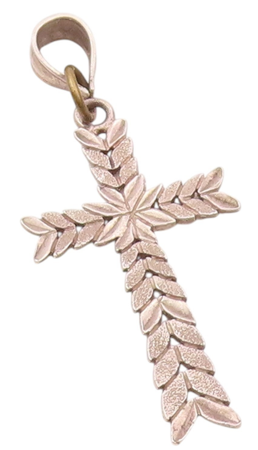 925 Sterling Silver  Vintage Floral Leaf Religious Cross Pendant  PT12091