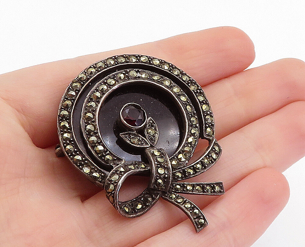 925 Sterling Silver  Vintage Black Onyx & Garnet Ribbon Brooch Pin  BP2340