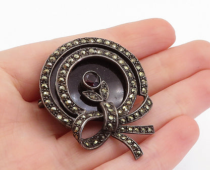 925 Sterling Silver  Vintage Black Onyx & Garnet Ribbon Brooch Pin  BP2340