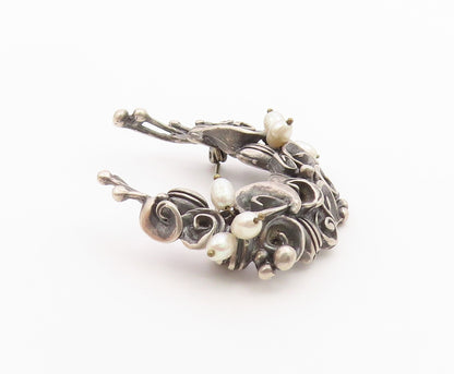 925 Sterling Silver  Vintage Petite Pearls Modernist Floral Brooch Pin  BP9111
