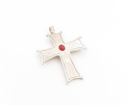 925 Sterling Silver Vintage Pendant Carnelian Modernist Religious Cross  PT26259