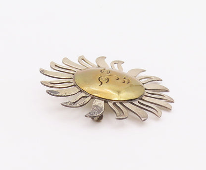 MEXICO 925 Sterling Silver  Vintage Shiny Two Tone Sun Face Brooch Pin  BP7963