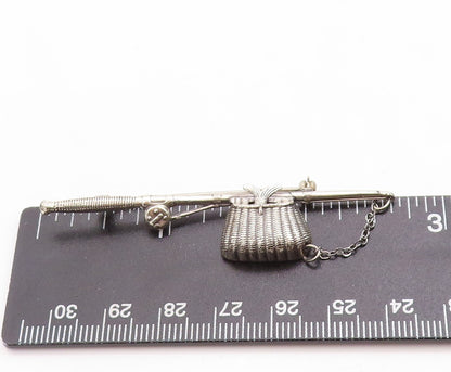925 Sterling Silver Vintage Brooch Pin BEAU Carved Fishing Bag & Stick  BP11360