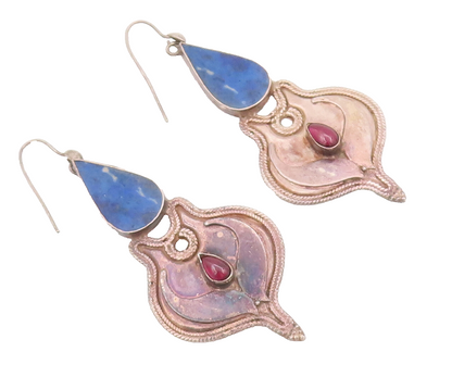 925 Sterling Silver Vintage Earrings Antique Lapis Lazuli & Rhodolite EG12915