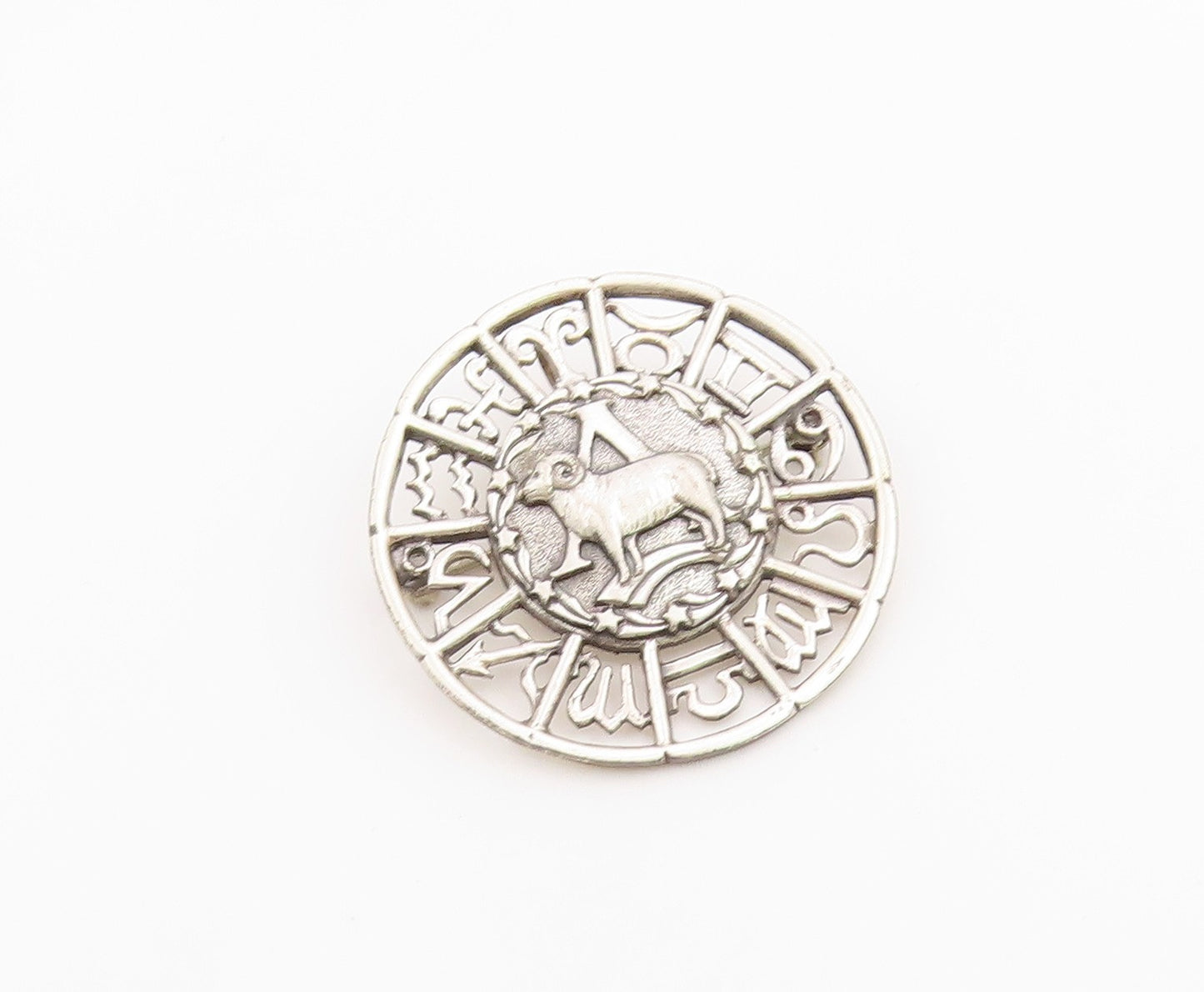 925 Sterling Silver  Vintage Aries Zodiac Calendar Cutout Brooch Pin  BP9621