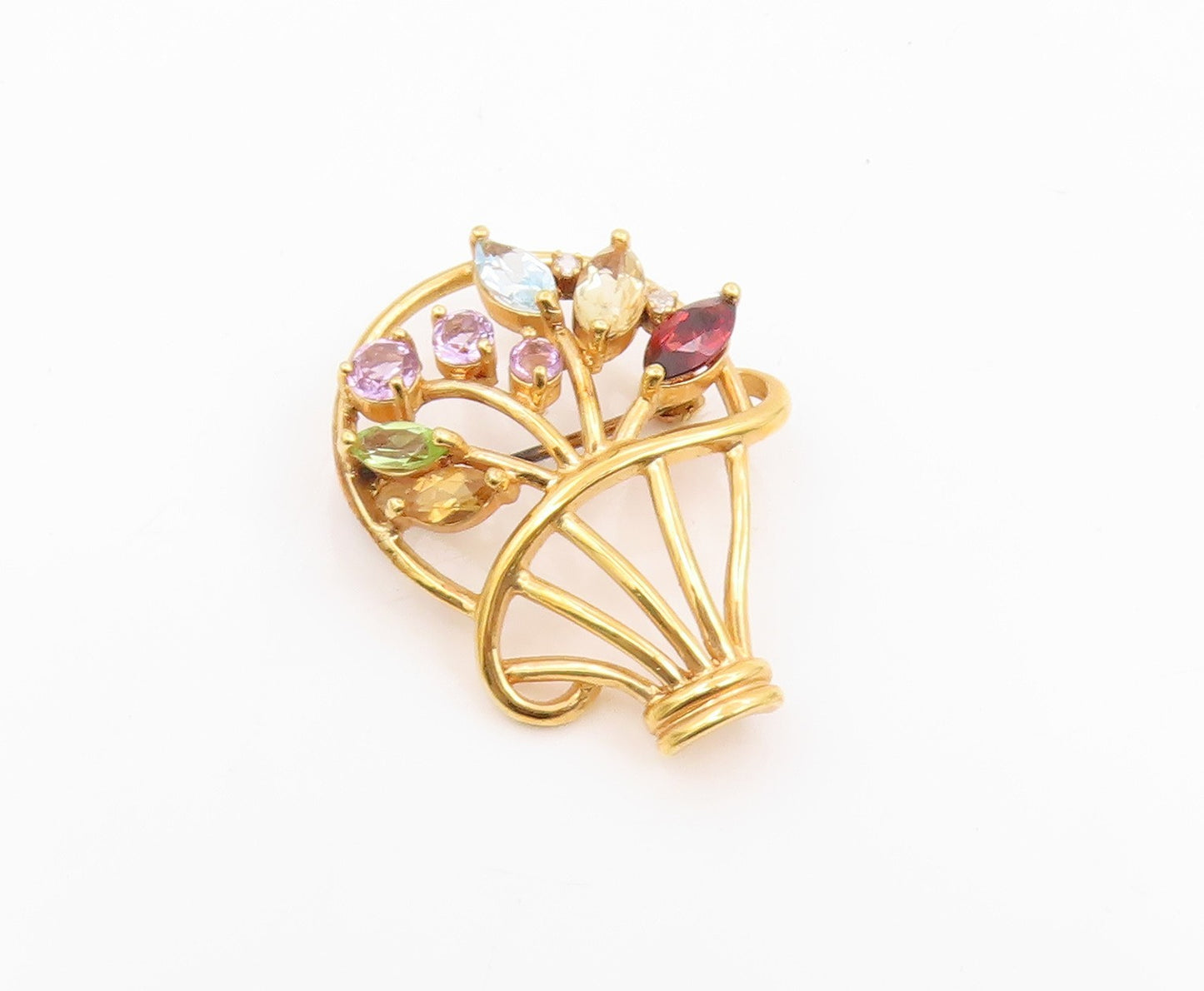 925 Sterling Silver Vintage Brooch Gold Plated Gemstone Floral Basket  BP12412
