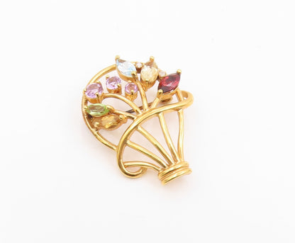 925 Sterling Silver Vintage Brooch Gold Plated Gemstone Floral Basket  BP12412