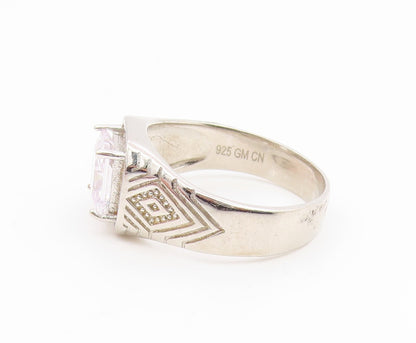 925 Sterling Silver Vintage Ring Classic CZ Etched Geometric Band Sz 12 RG35153