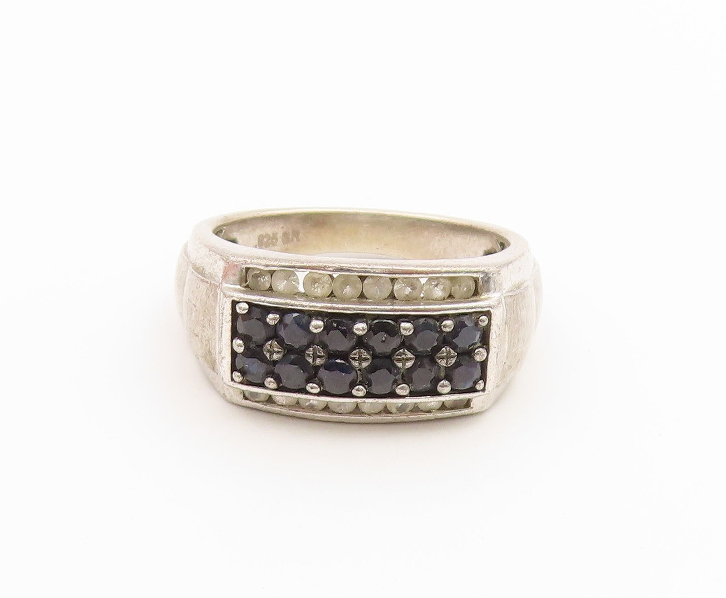 925 Sterling Silver Vintage Ring Sapphire & Topaz Pave Band  Sz 10  RG36893