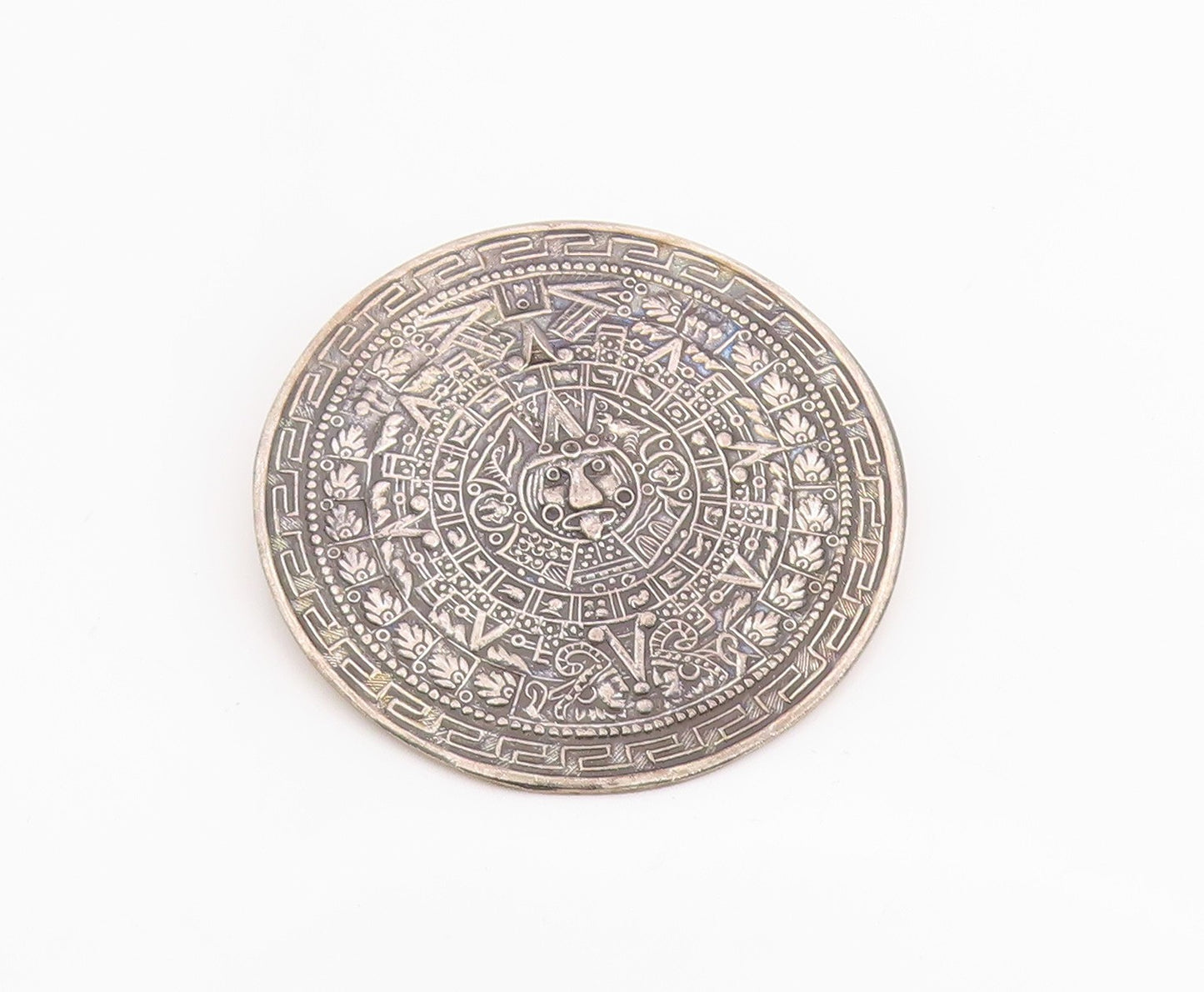 925 Sterling Silver Vintage Brooch Ancient Aztec Calendar Medallion Pin  BP11988