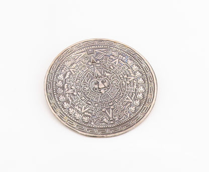 925 Sterling Silver Vintage Brooch Ancient Aztec Calendar Medallion Pin  BP11988