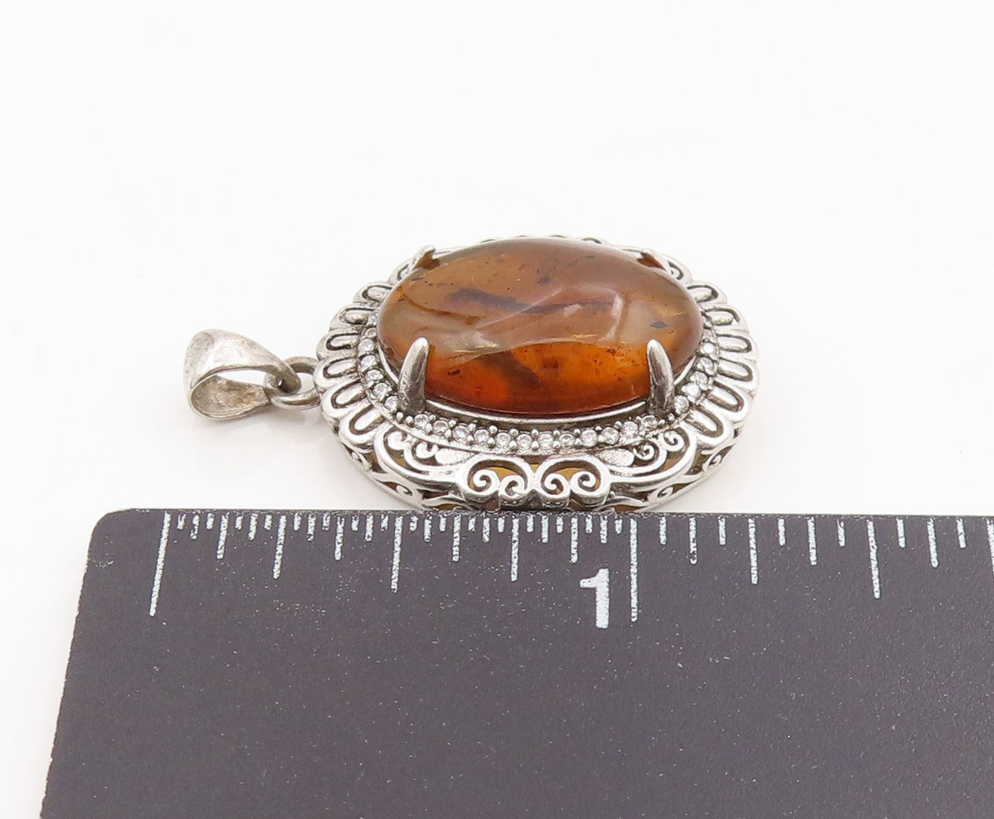 925 Sterling Silver Vintage Pendant Cabochon Honey Amber Halo CZ Locket  PT25490