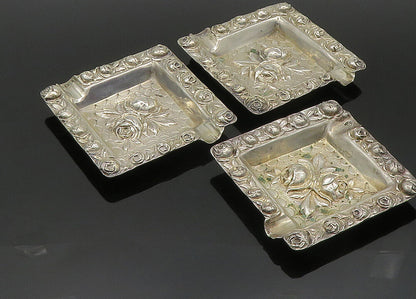 925 Sterling Silver  Vintage Shiny 3 Piece Floral Ash Tray Set  TR2851